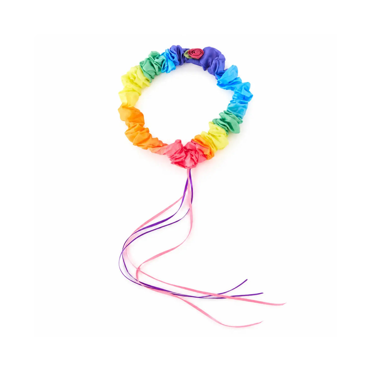 Rosette Rainbow silk garland by Sarah's Silks in pink, orange, yellow, green, blue and violet, with long pink and purple ribbons