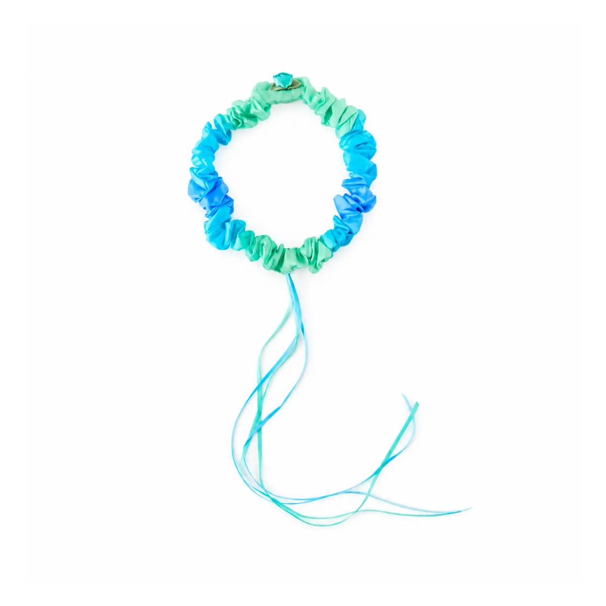 Rosette Sea silk garland by Sarah's Silks in aqua, blue and seafoam green, with long flowing ribbons