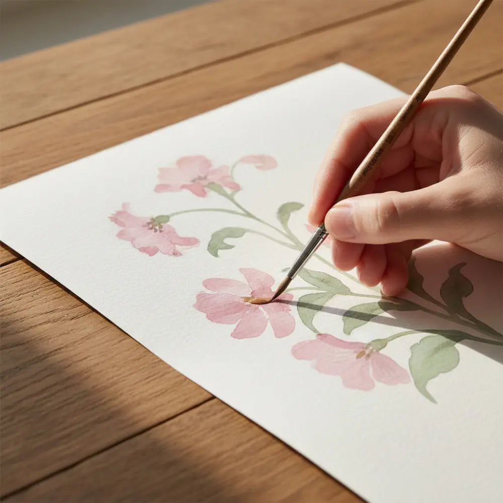 Round watercolor brush with natural cow hair bristles used for fine detail painting on paper