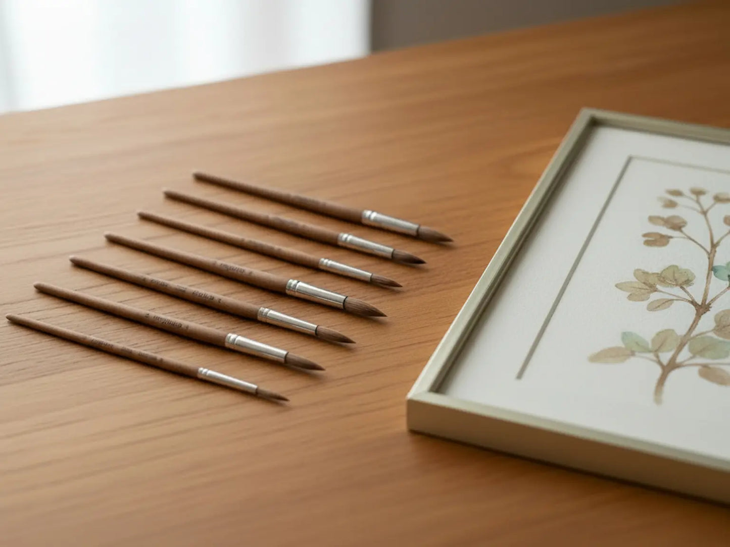 Set of round natural cow hair watercolor brushes arranged on wooden surface with art print
