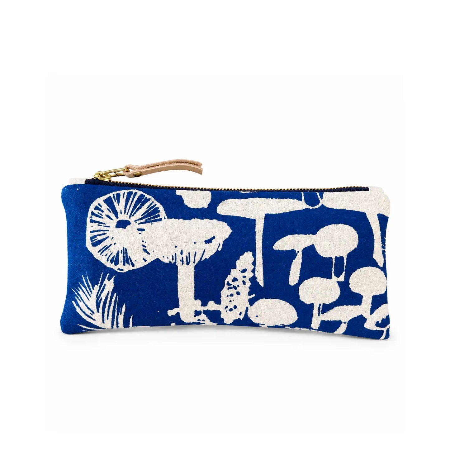 Royal blue cotton barkcloth pencil bag by Erin Flett with a hand-screened ivory mushroom print