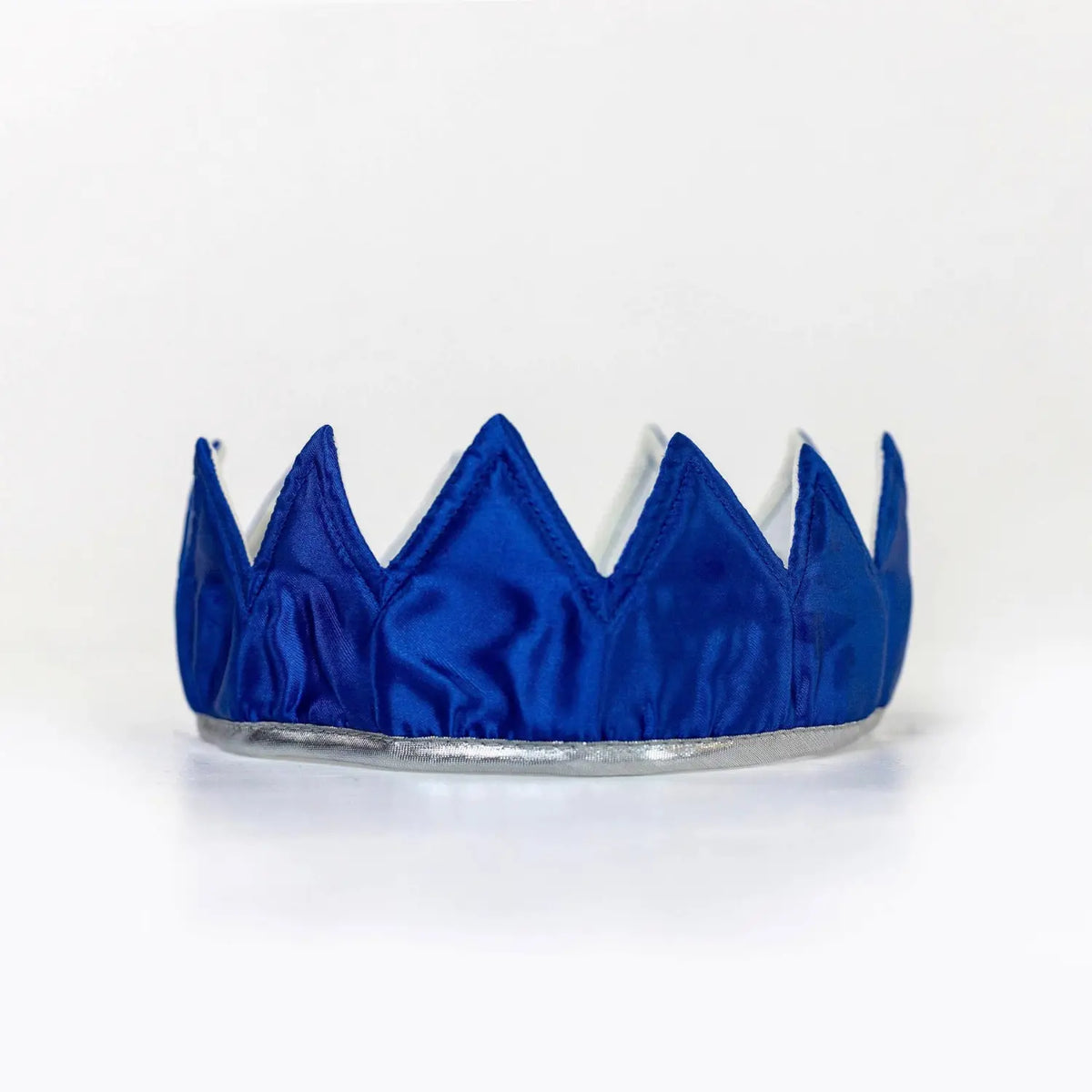 Royal blue and silver satin dress-up crown with silver trim for imaginative dress-up play