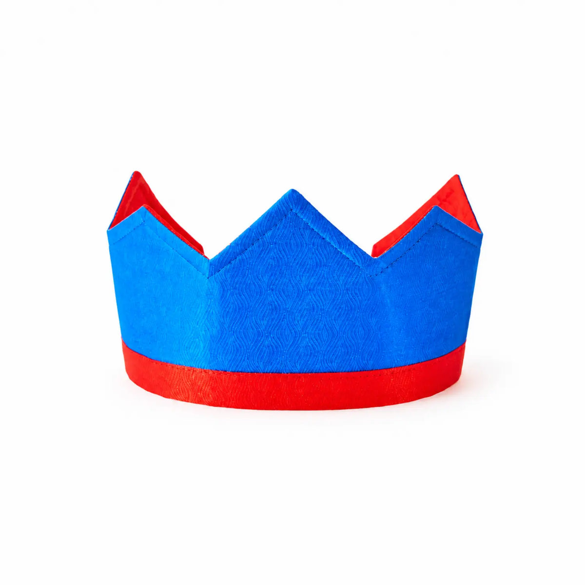 Sarah's Silks Royal silk crown with three royal blue points and a bright red band, a children's dress-up crown, on a white background