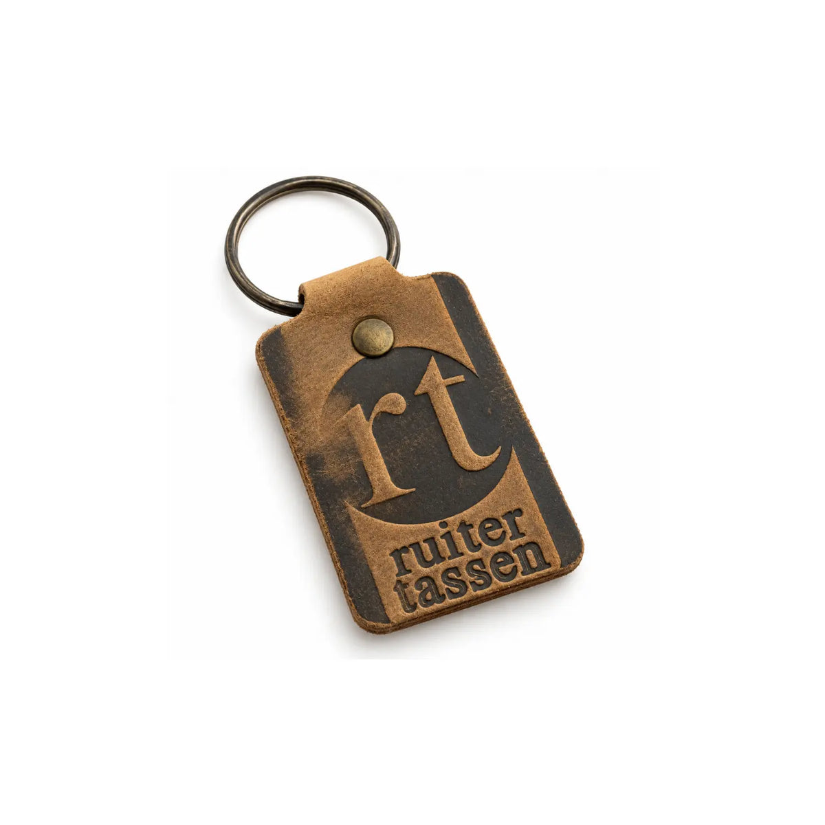 Close-up of the stamped Ruitertassen leather key fob in Ranger brown