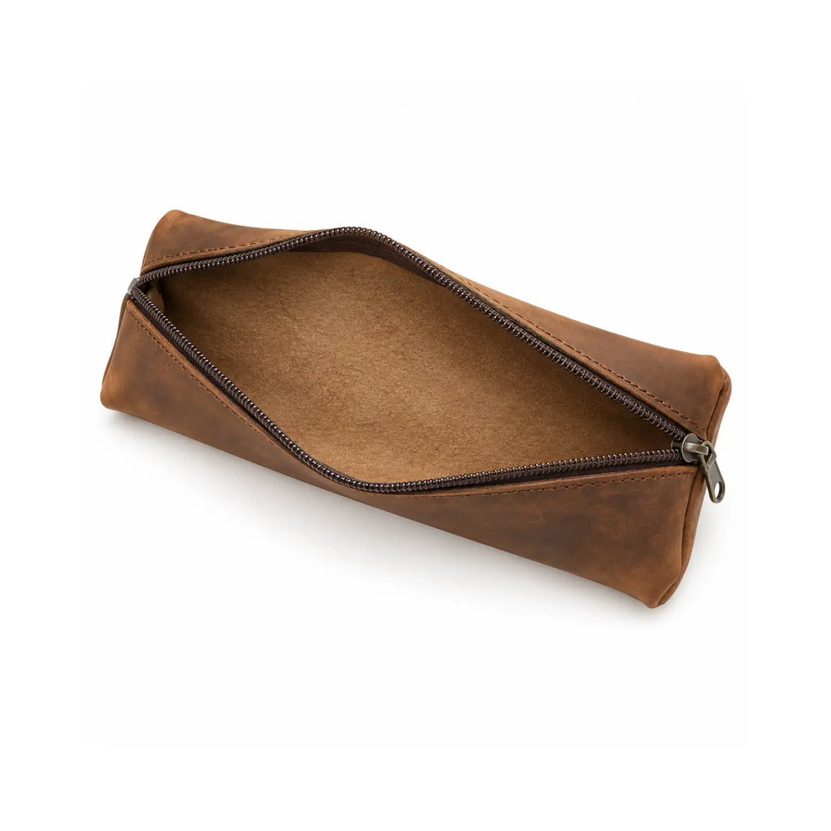Open Ruitertassen Ranger leather pencil case showing its soft unlined leather interior