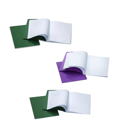 Ruled A4 Composition Exercise Notebooks shown open with green and purple covers for wide ruled, college ruled, and narrow ruled options.