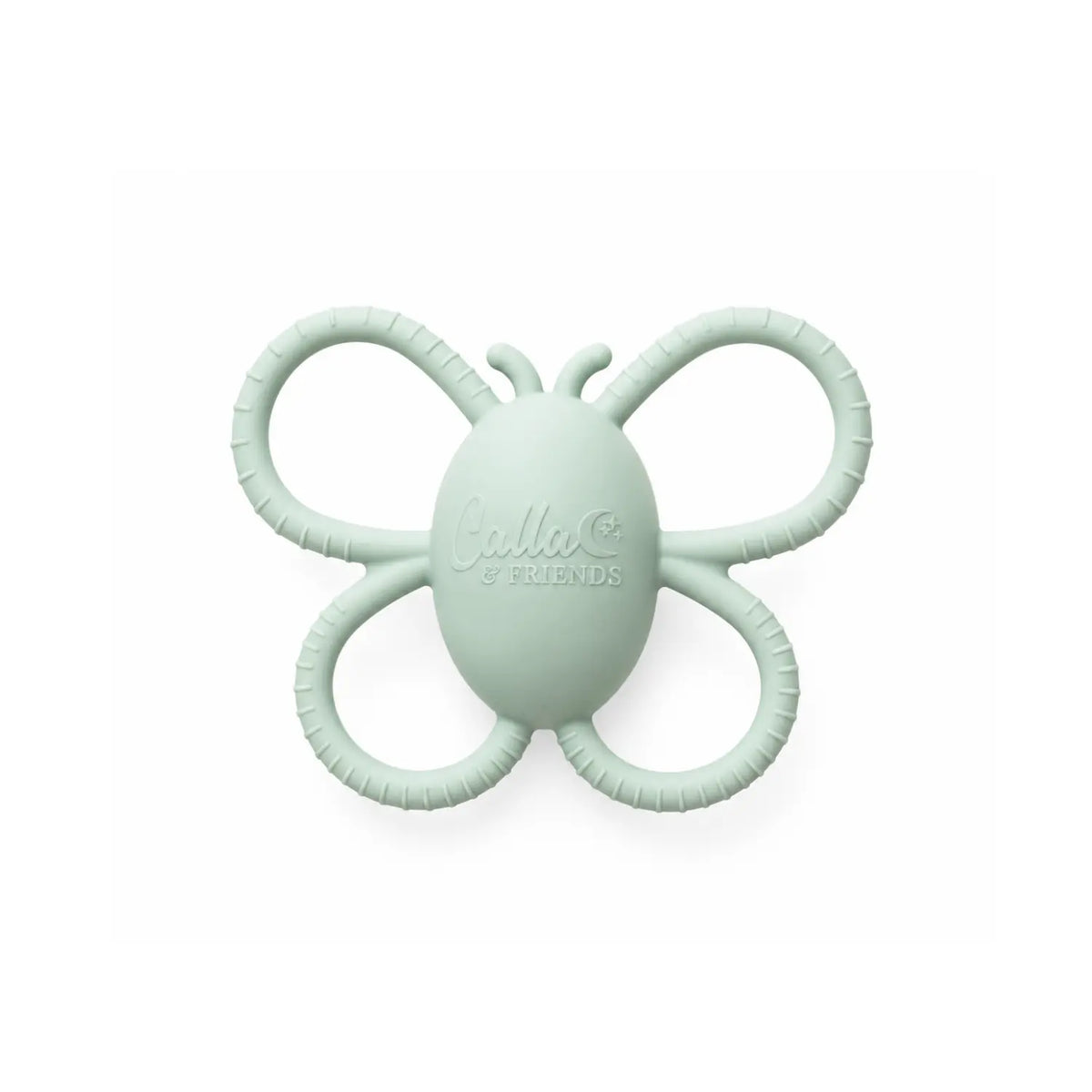 Light sage green Calla & Friends silicone butterfly rattle teether with easy-to-grasp textured wings