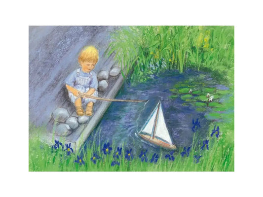 Sail Away postcard by Marjan van Zeyl featuring a child by a pond with a small sailboat