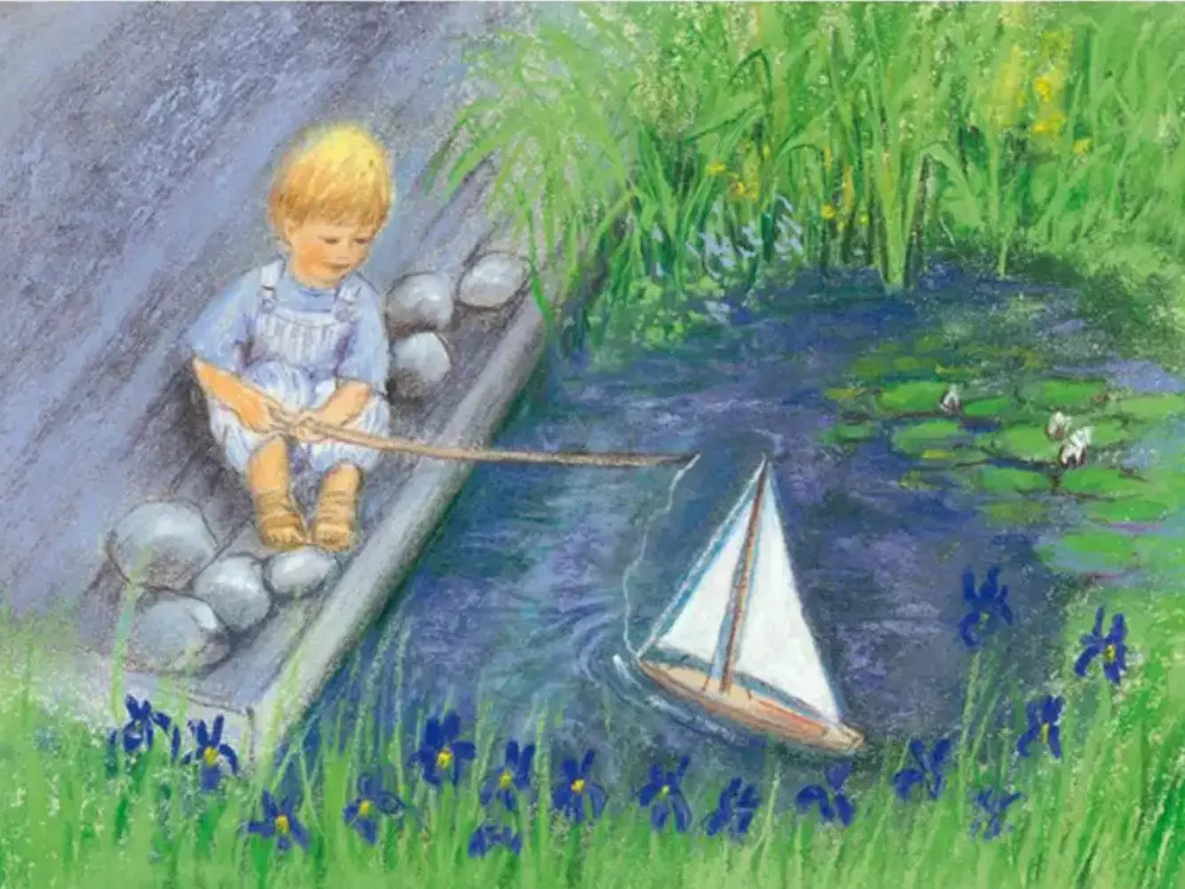 Sail Away postcard by Marjan van Zeyl featuring a child by a pond with a small sailboat
