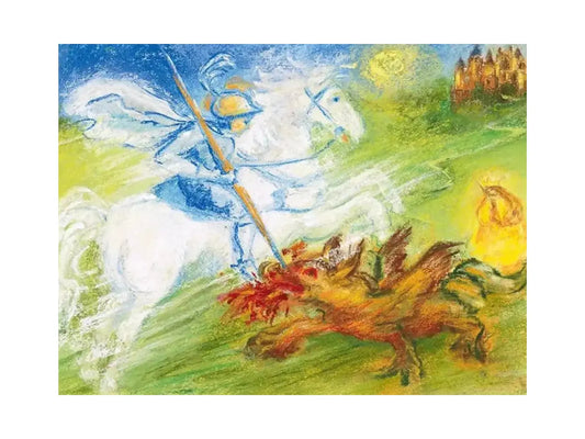 Saint George and the Dragon postcard of Saint George on a white horse facing a dragon