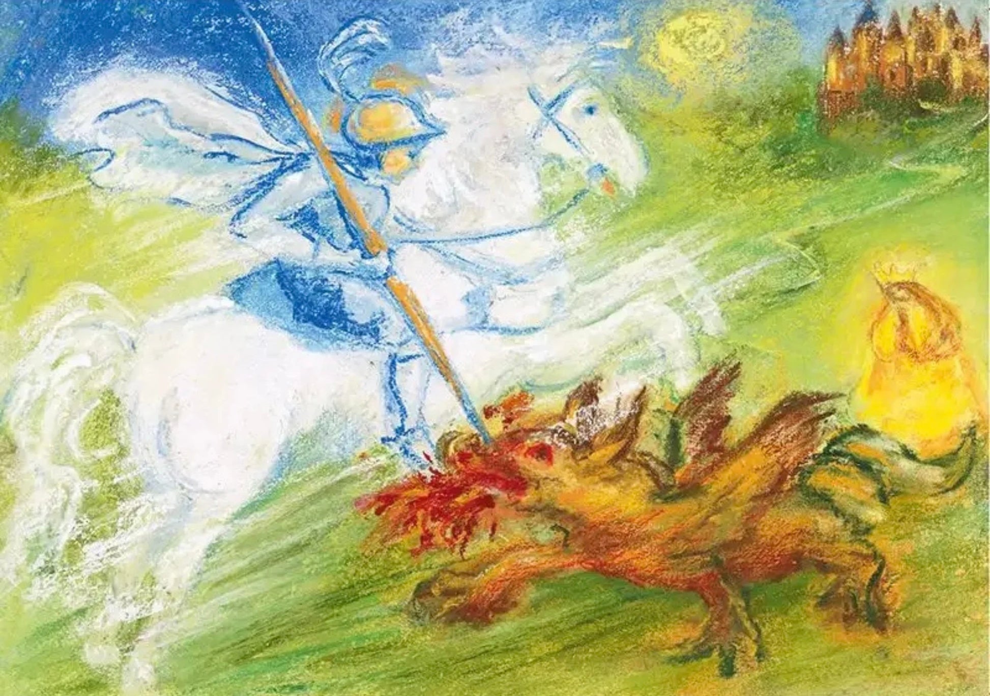 Saint George and the Dragon postcard by Marjan van Zeyl featuring Saint George on a white horse facing a dragon