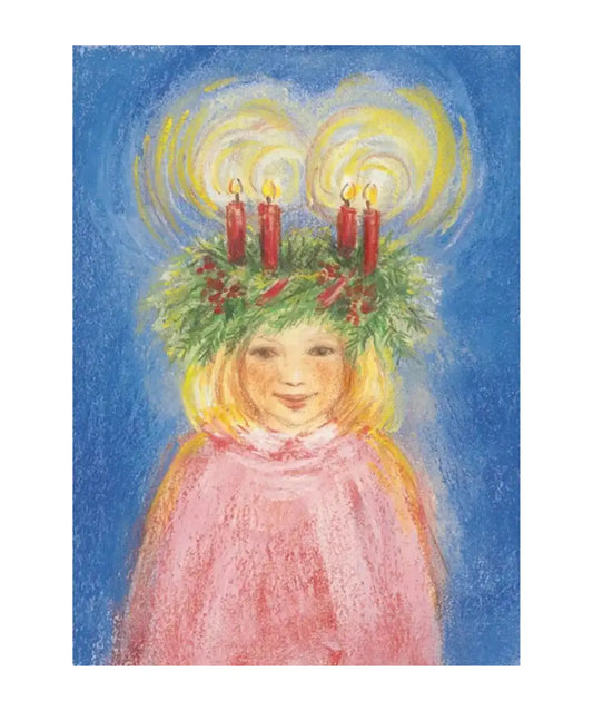 Girl in an evergreen and candle wreath for Saint Lucia Day celebration postcard by Marjan van Zeyl