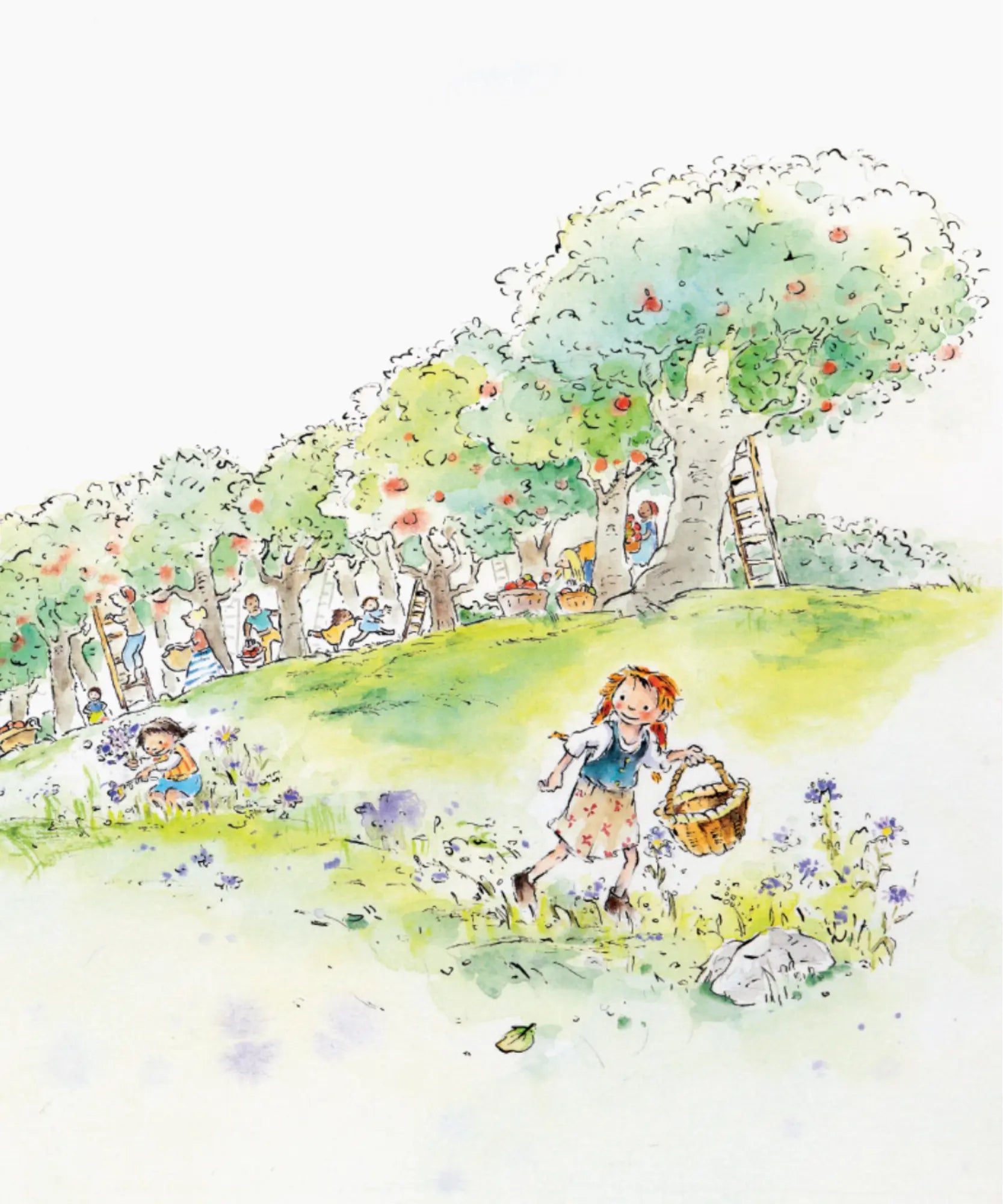 Illustration of a girl with a basket walking through an apple orchard.