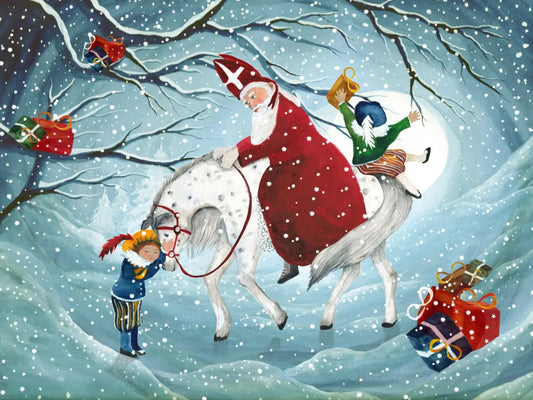 Illustration of Santa Claus on a horse with helpers with gifts in a snowy scene.