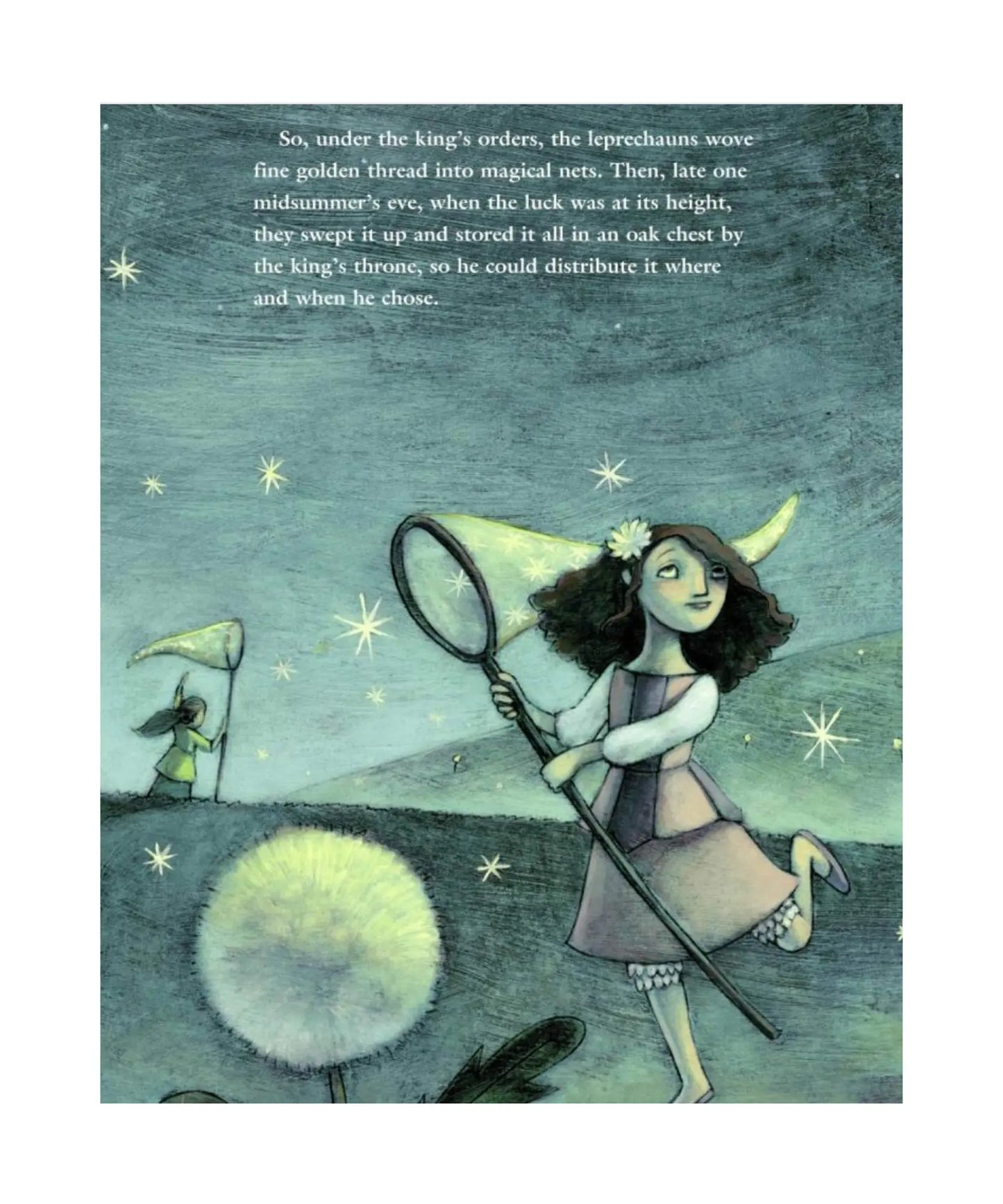 Illustration of a leprechaun girl holding a net, surrounded by stars and text on a blue background.
