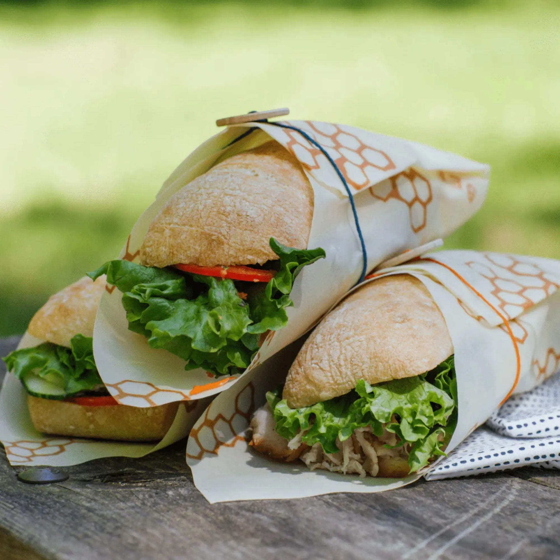 Two sandwiches wrapped in decorative paper on a wooden surface with a blurred green background