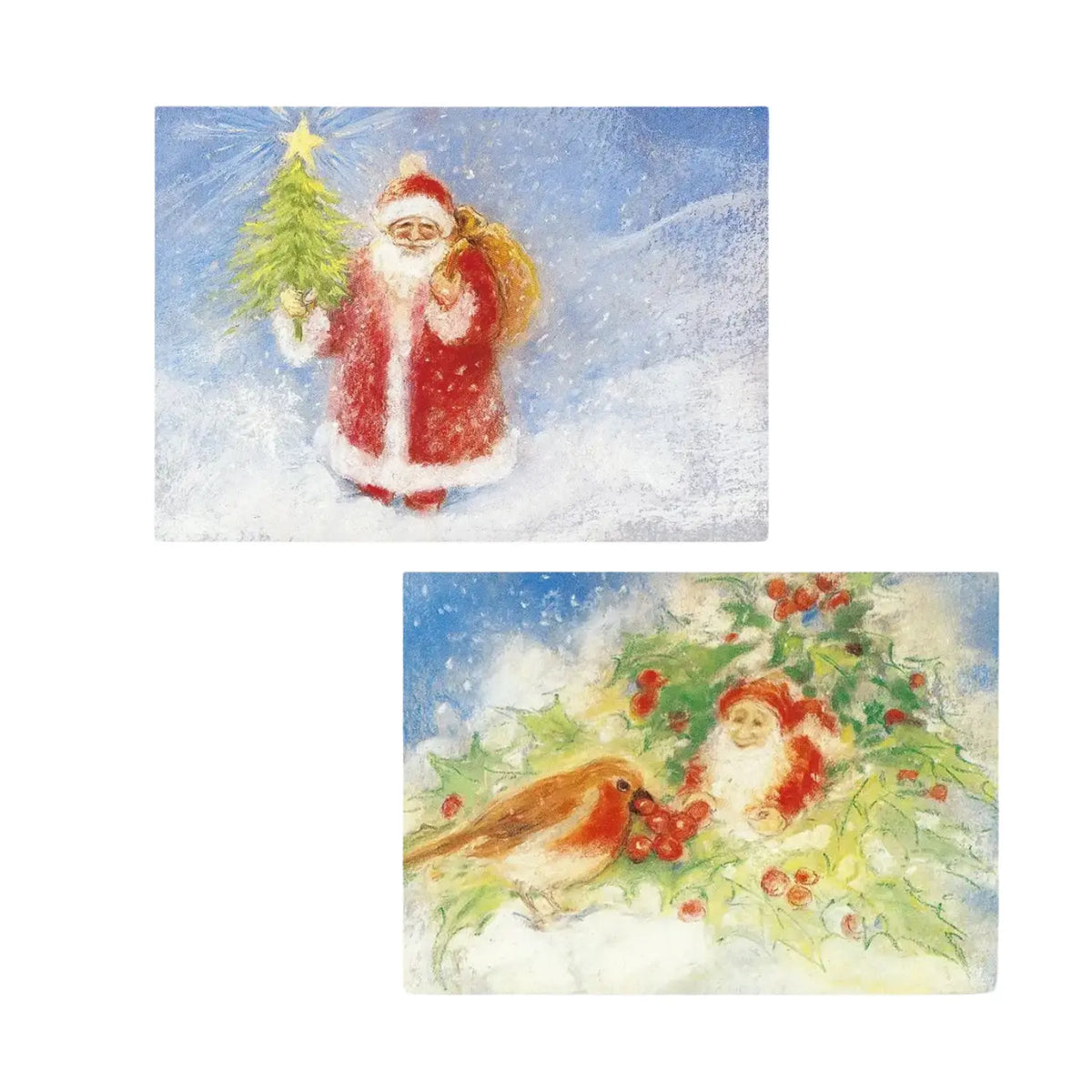 Marjan van Zeyl winter holiday postcards showing Father Christmas carrying a Christmas tree through the snow and a robin visiting Santa among snowy holly branches.