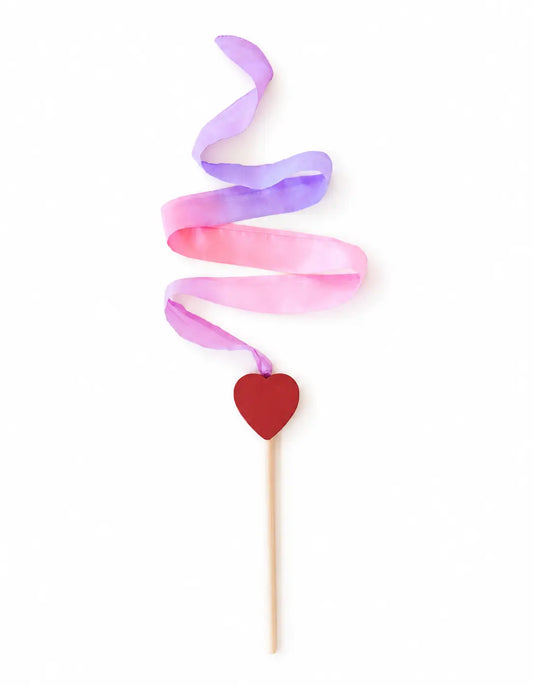 Sarah’s Silks Mini Blossom Streamer Wand with pink and lavender mulberry silk ribbon and red heart topper.