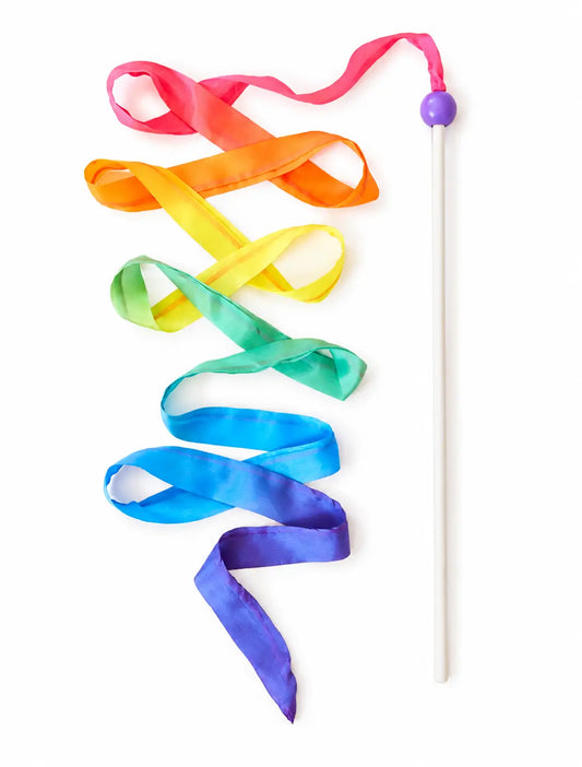 Sarah’s Silks Rainbow Silk Streamer Wand with multicolor mulberry silk ribbon and purple wooden bead.