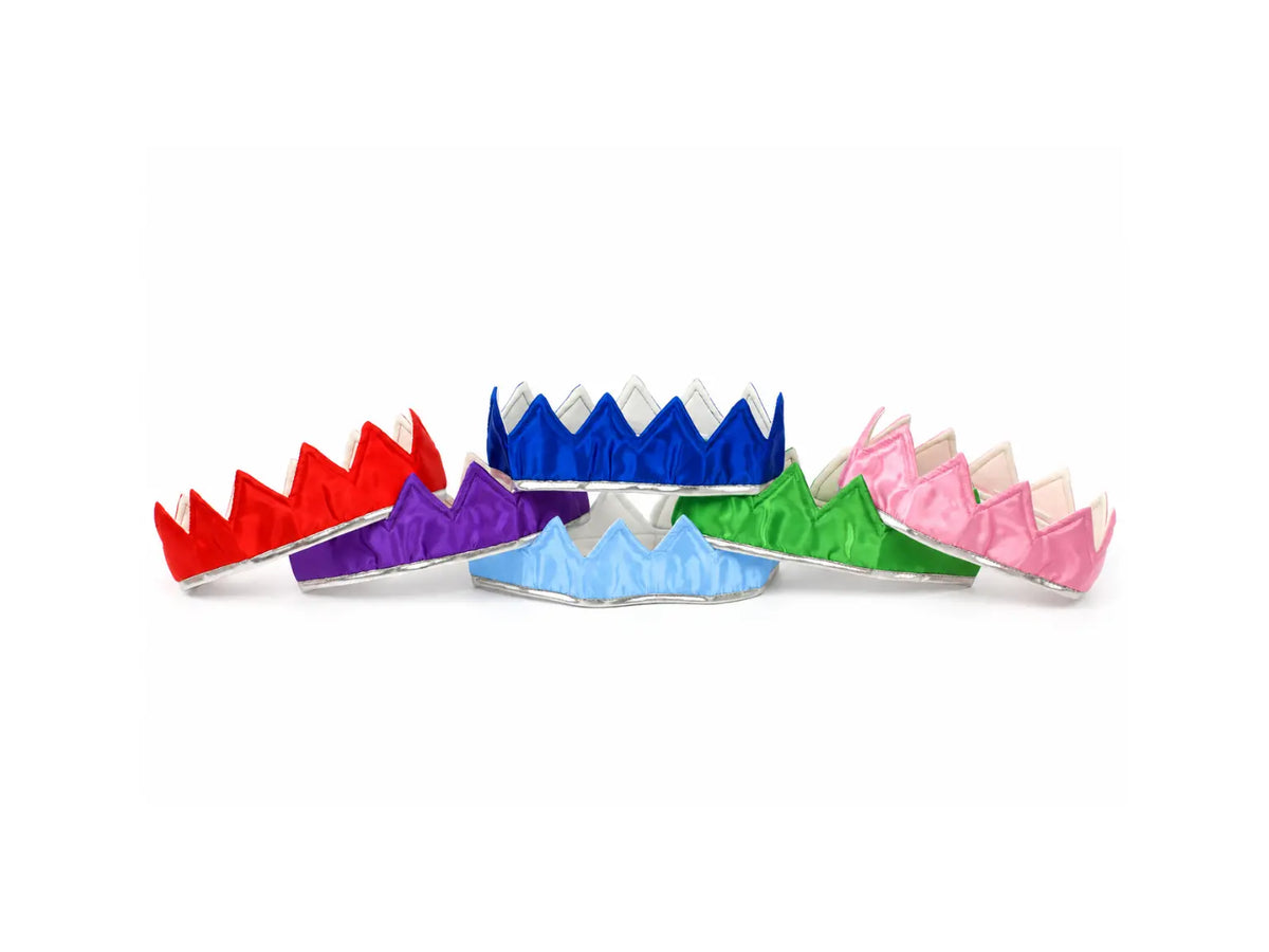 Satin dress-up crowns in red, purple, light blue, royal blue, green and pink for kids pretend play