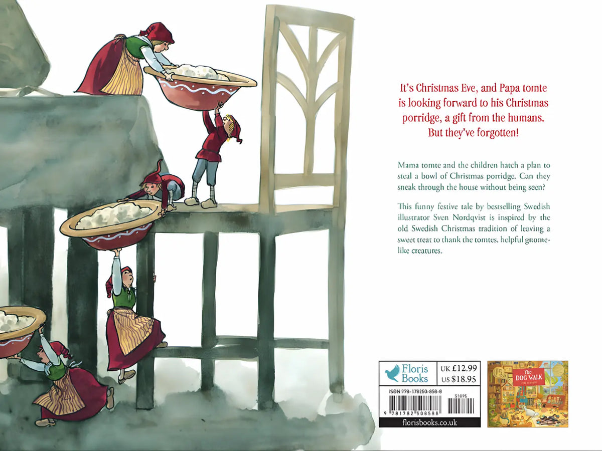 Illustrated book back cover with characters preparing Christmas porridge.
