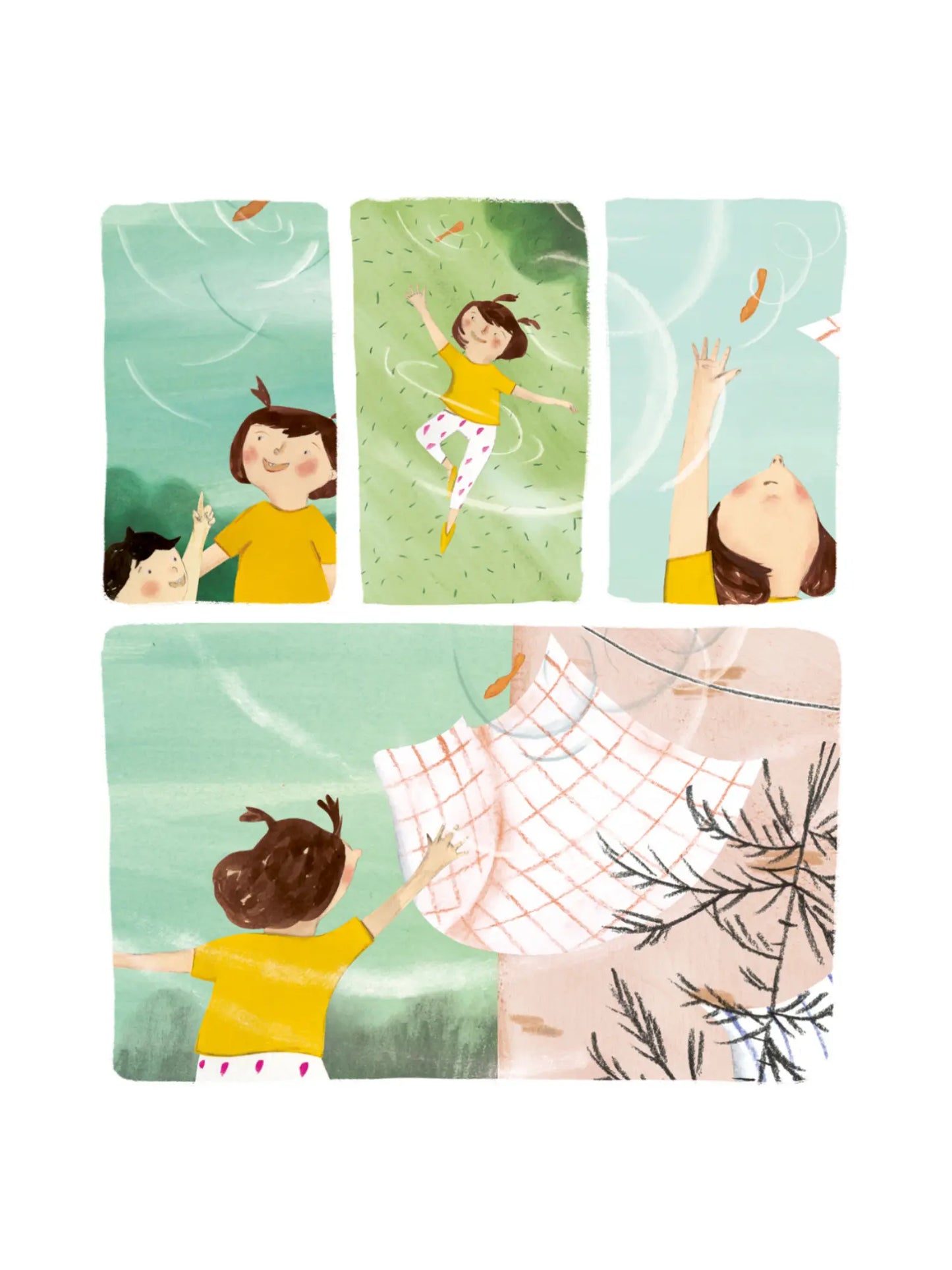 Illustration from Whirl wordless picture book of a child playing with a maple leaf seed pod in the wind