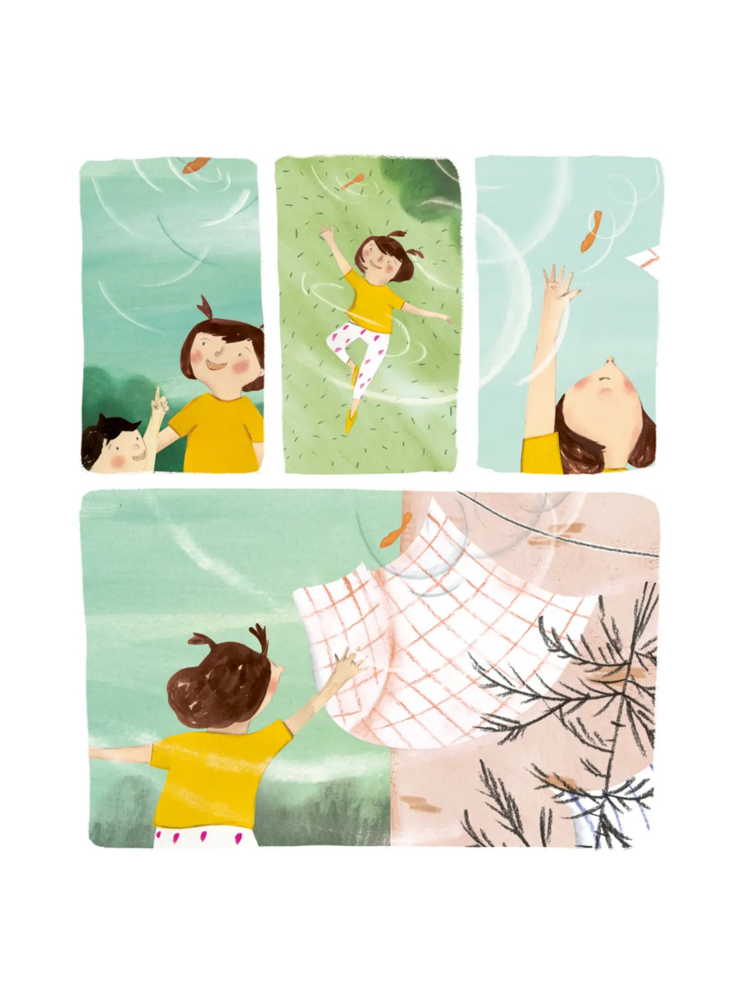 Illustration from Whirl wordless picture book of a child playing with a maple leaf seed pod in the wind