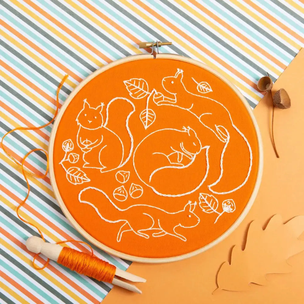Scurrying Squirrels embroidery kit with finished hoop, orange thread, and pattern materials