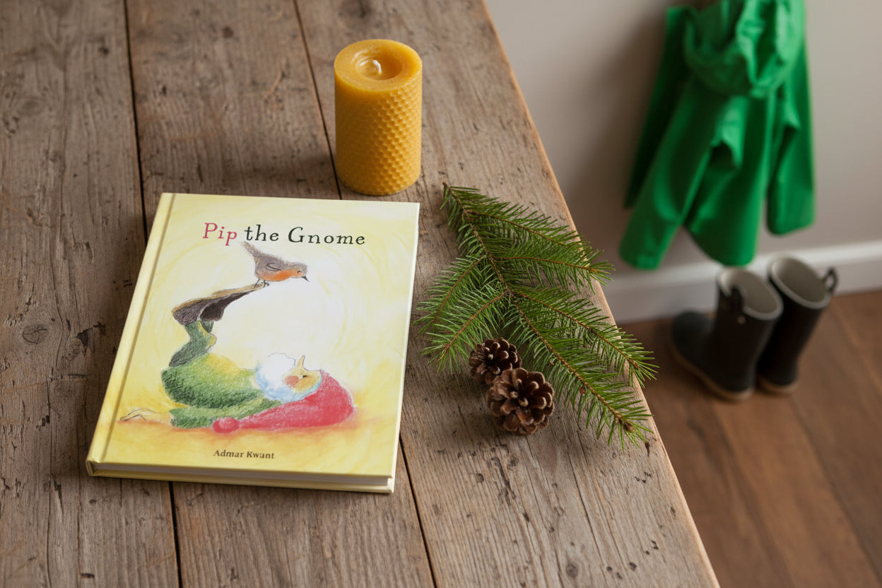 Book cover of 'Pip the Gnome' with a gnome and bird on a yellow background