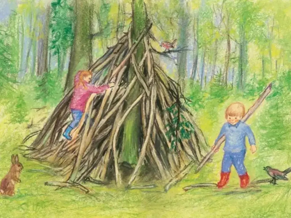 Children building a wooden fort in a forest with animals around