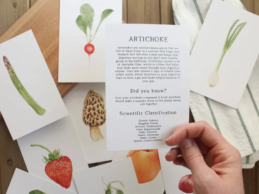 Artichoke produce learning card showing detailed plant information