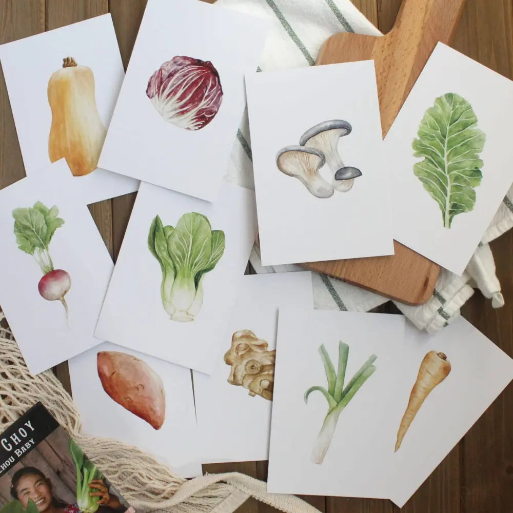 Full set of seasonal produce learning cards showing fruits and vegetables