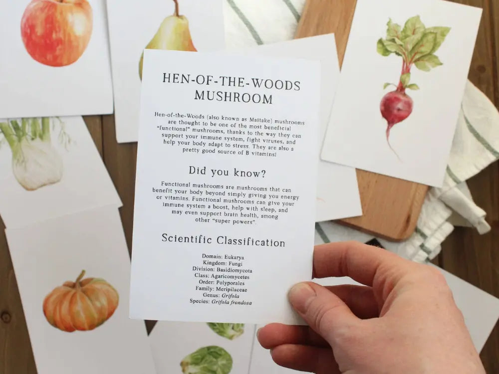 Hen of the woods mushroom learning card with plant details