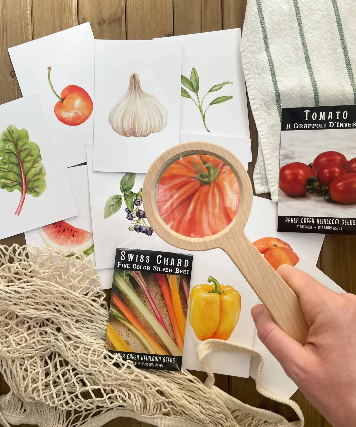 Seasonal produce learning cards used for nature study with magnifying glass