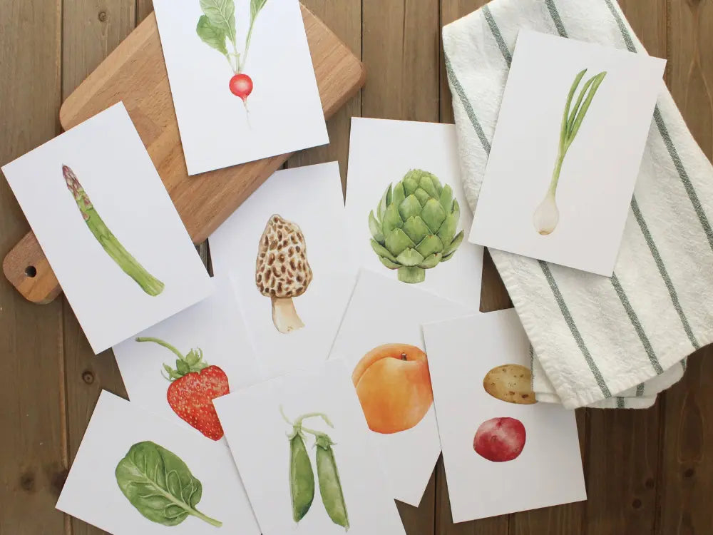 Seasonal produce learning cards organized by fruits and vegetables