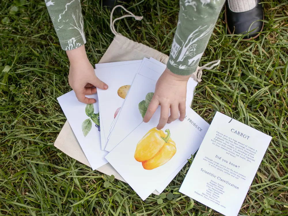 Children using seasonal produce learning cards for outdoor learning activity