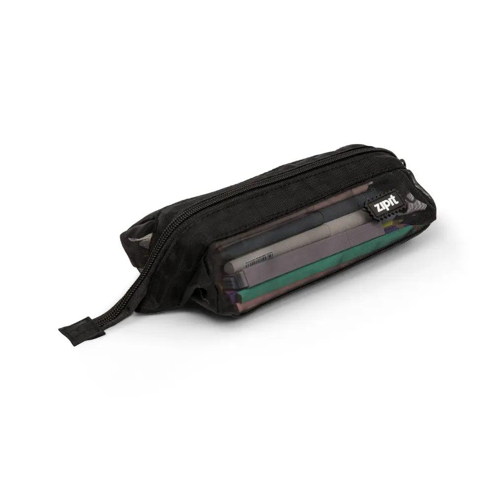 Black see-through mesh pencil case showing pencils and pens inside while closed