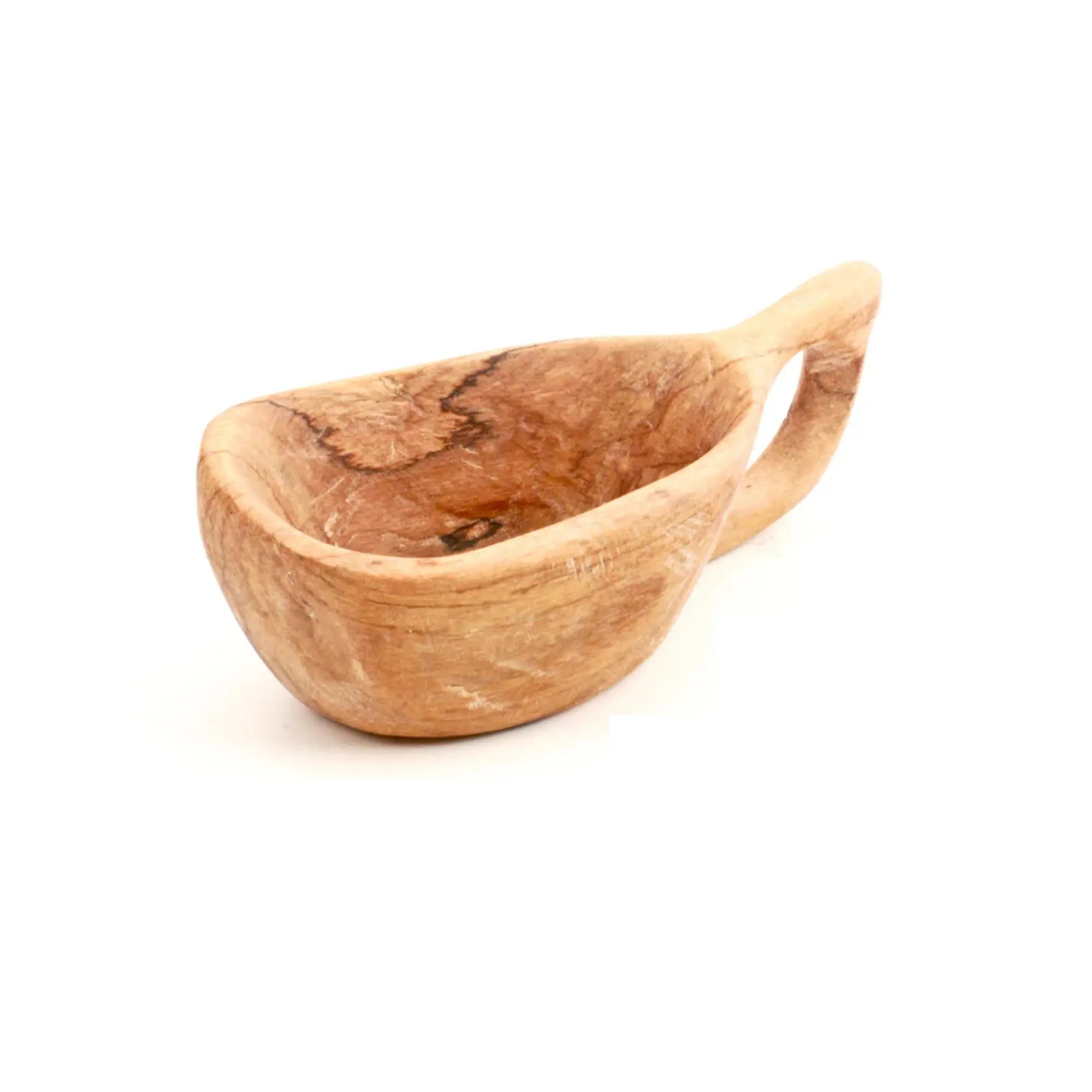 Wooden handled olive wood bowl scoop on a white background