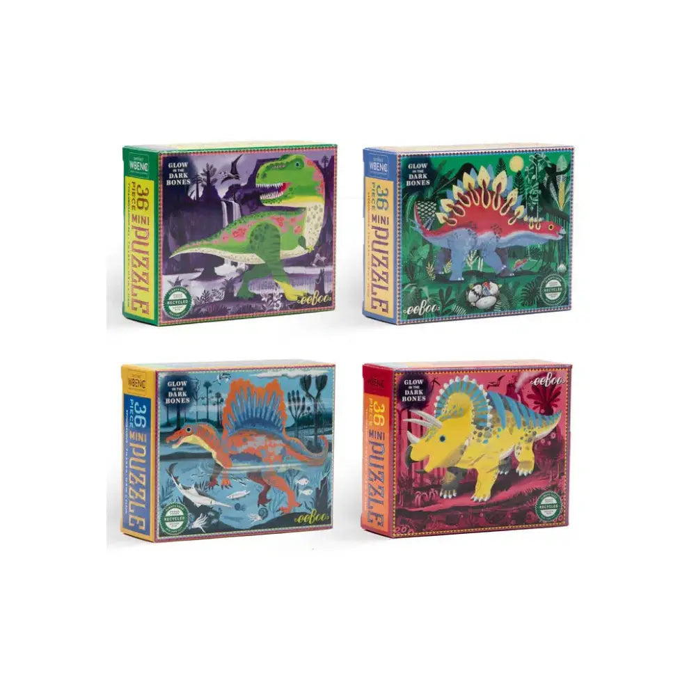 Set of 4 eeBoo dinosaur 36 piece mini puzzle boxes featuring T-Rex, Spinosaurus, Triceratops, and Stegosaurus
