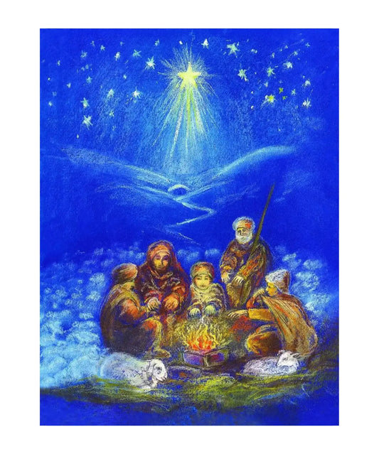 Illustration of the Nativity scene with shepherds and sheep and a bright star over a stable.