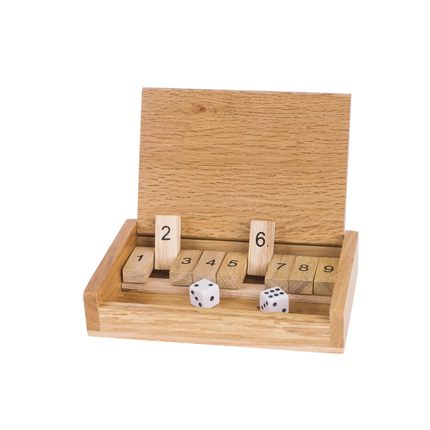 Wooden dice set with numbered blocks and two dice on a white background