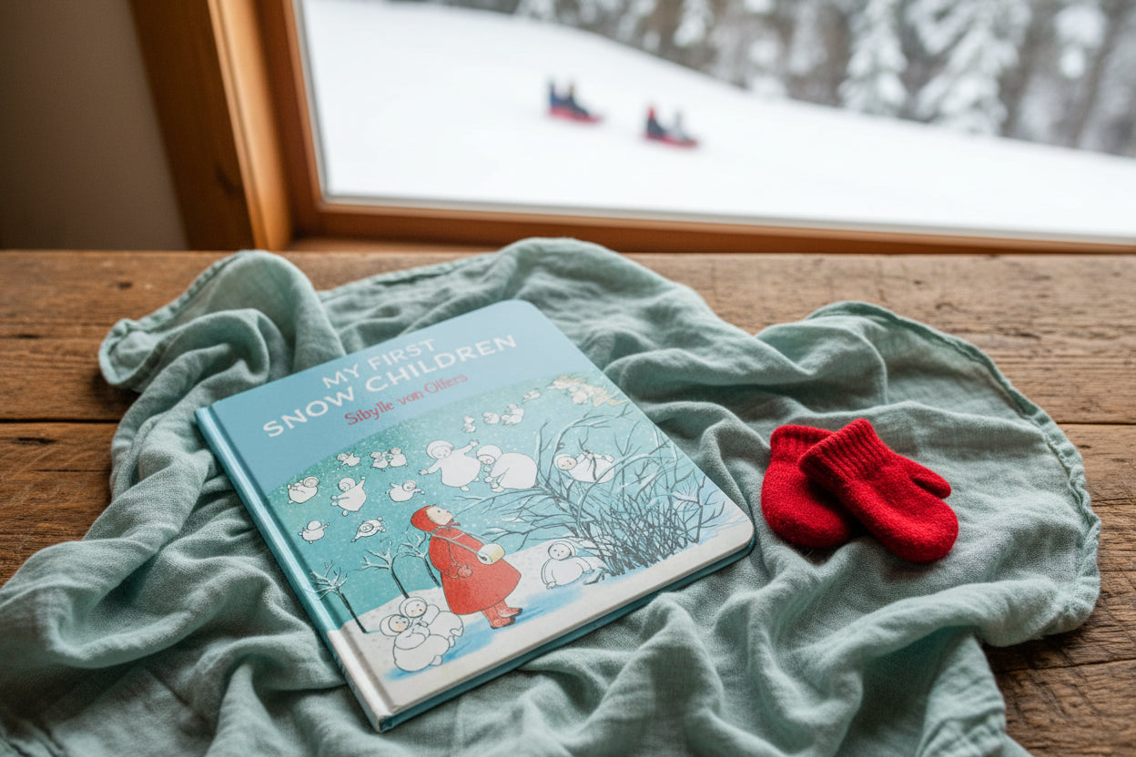 Book cover of 'My First Snow Children' by Sibylle von Olfers with a child in a red coat surrounded by snow children.