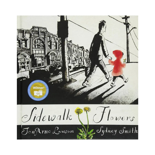 Book cover of 'Sidewalk Flowers' with illustration of a man and child walking on a street.