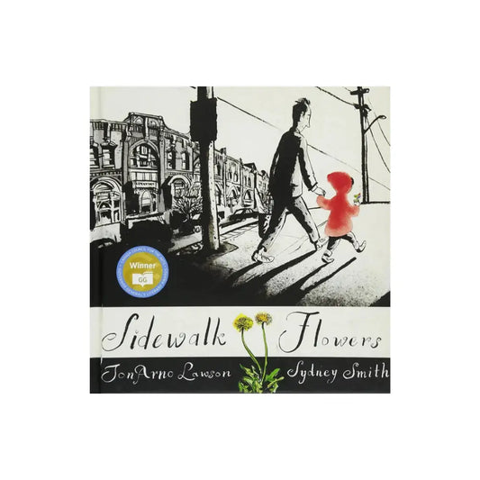 Book cover of 'Sidewalk Flowers' with illustration of two people walking on a street.