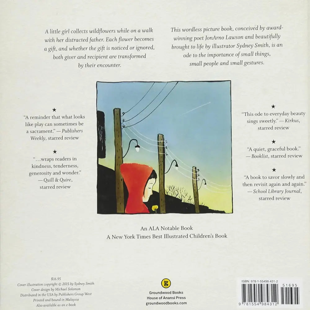 Bookback with illustrations and text about a girl collecting wildflowers, featuring a barcode and publisher information.