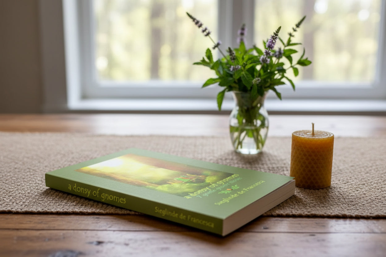 A donsy of gnomes book on a table top with a candle and vase of mint leaves and flowers