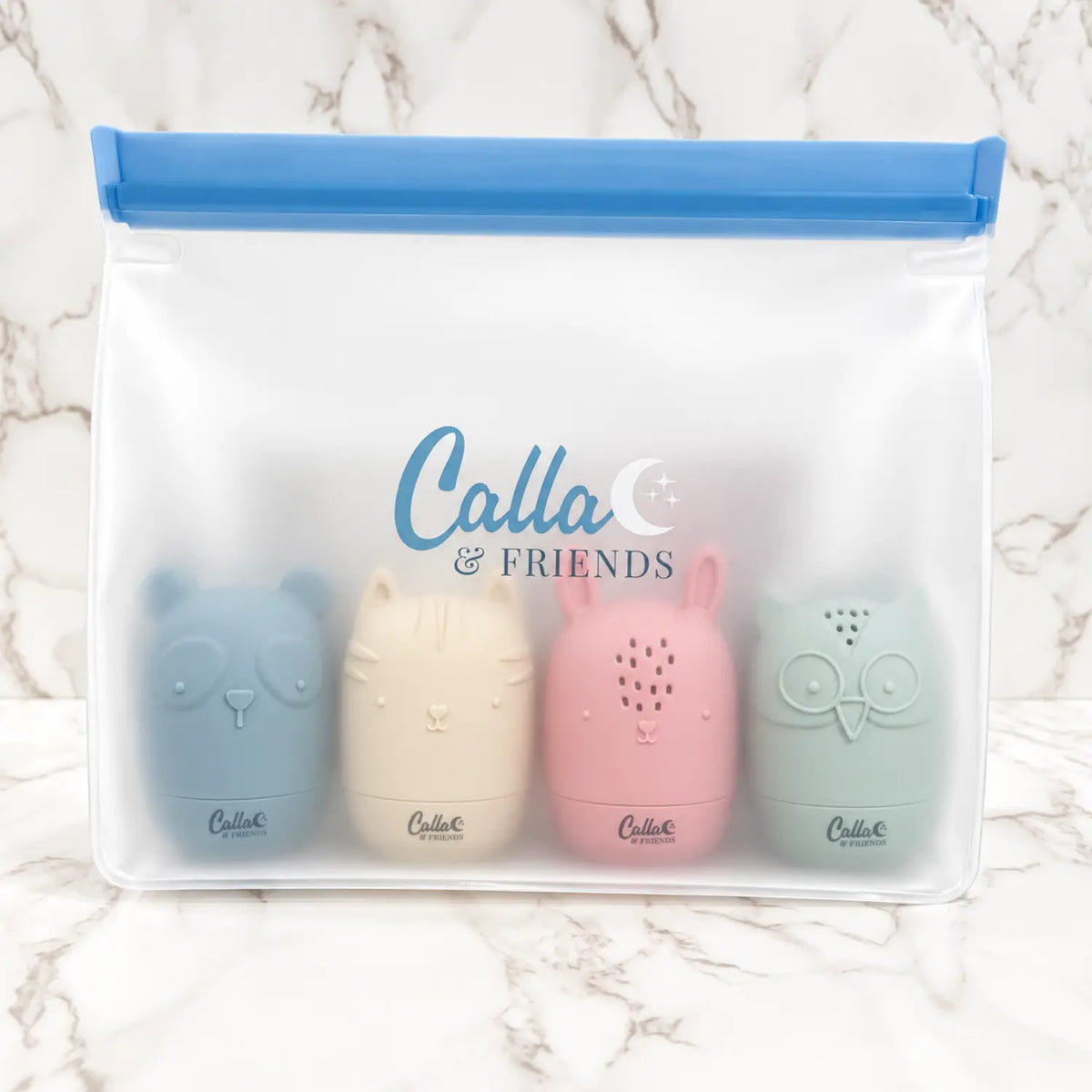 Calla & Friends silicone bath toys stored in the reusable frosted PEVA bag