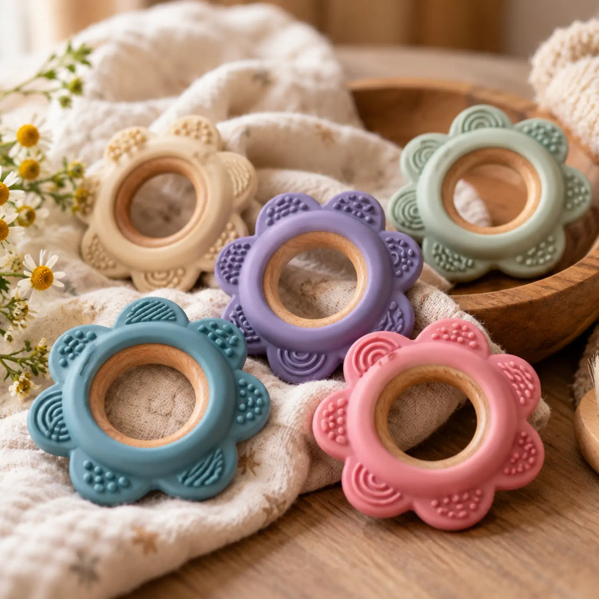 Silicone and beechwood baby teethers in soft colors arranged on natural linen with wooden nursery accessories