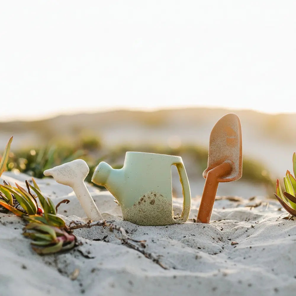 Children's silicone garden and sand toys including a shovel, pail, and spade on a sandy beach.