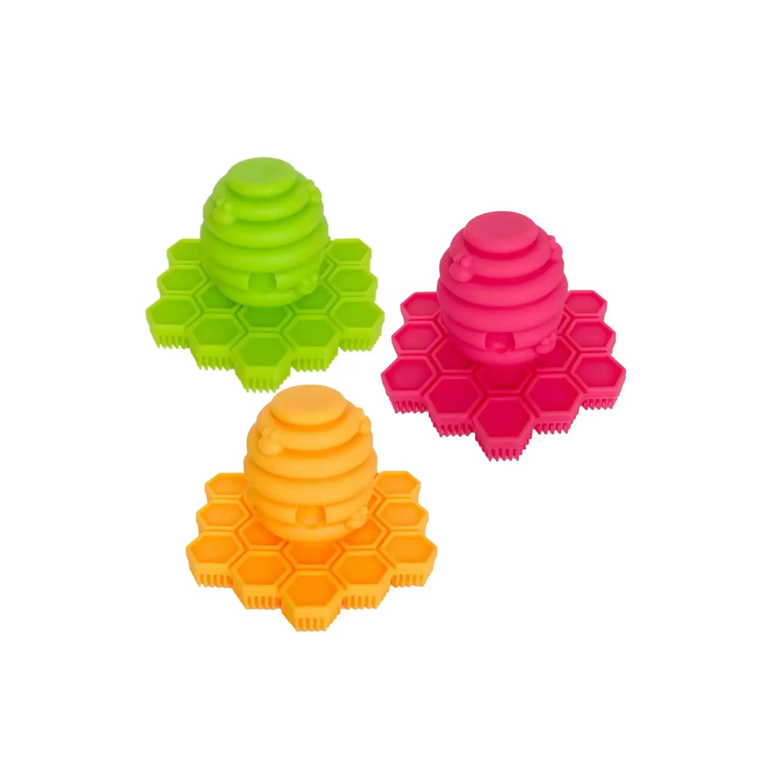 Green, pink, and orange baby silicone scalp and handwashing brushes on a white background
